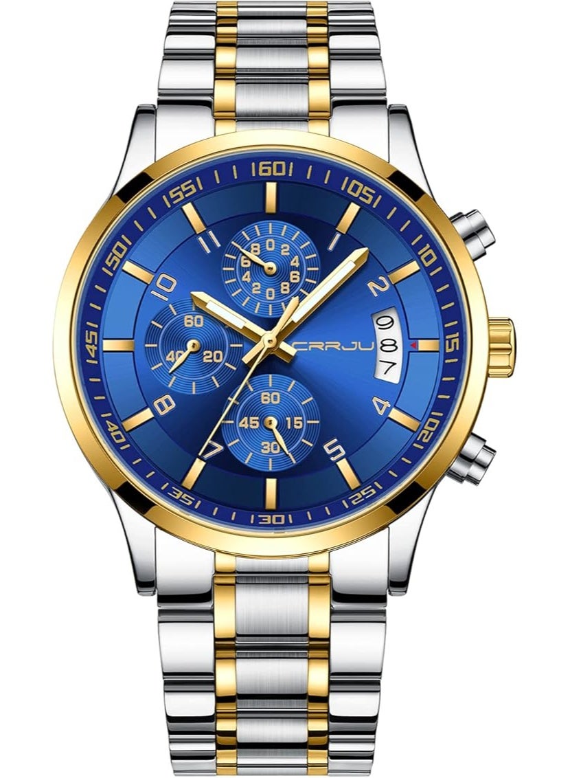 Men's Fashion Stainless Steel Watches Date Waterproof Chronograph Wristwatches,Steel Band Waterproof Quartz Watch for Men